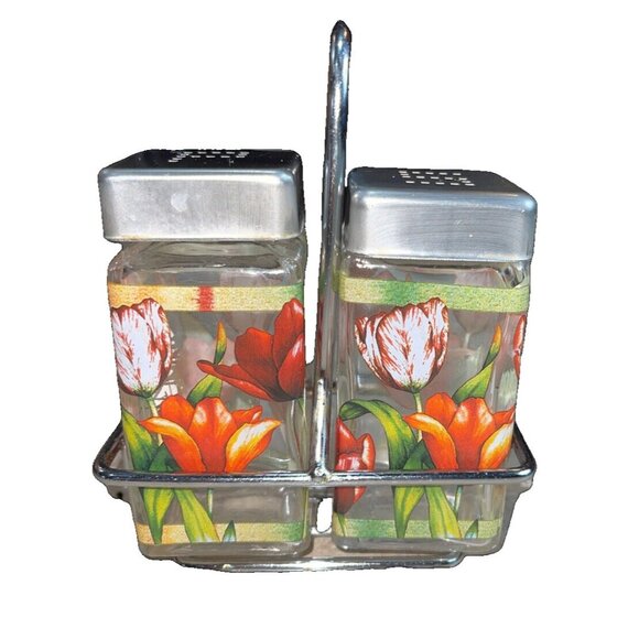 Vintage Glass Square Salt & Pepper Shakers W/ carrier. 6' H X 4.5' W - Picture 1 of 8
